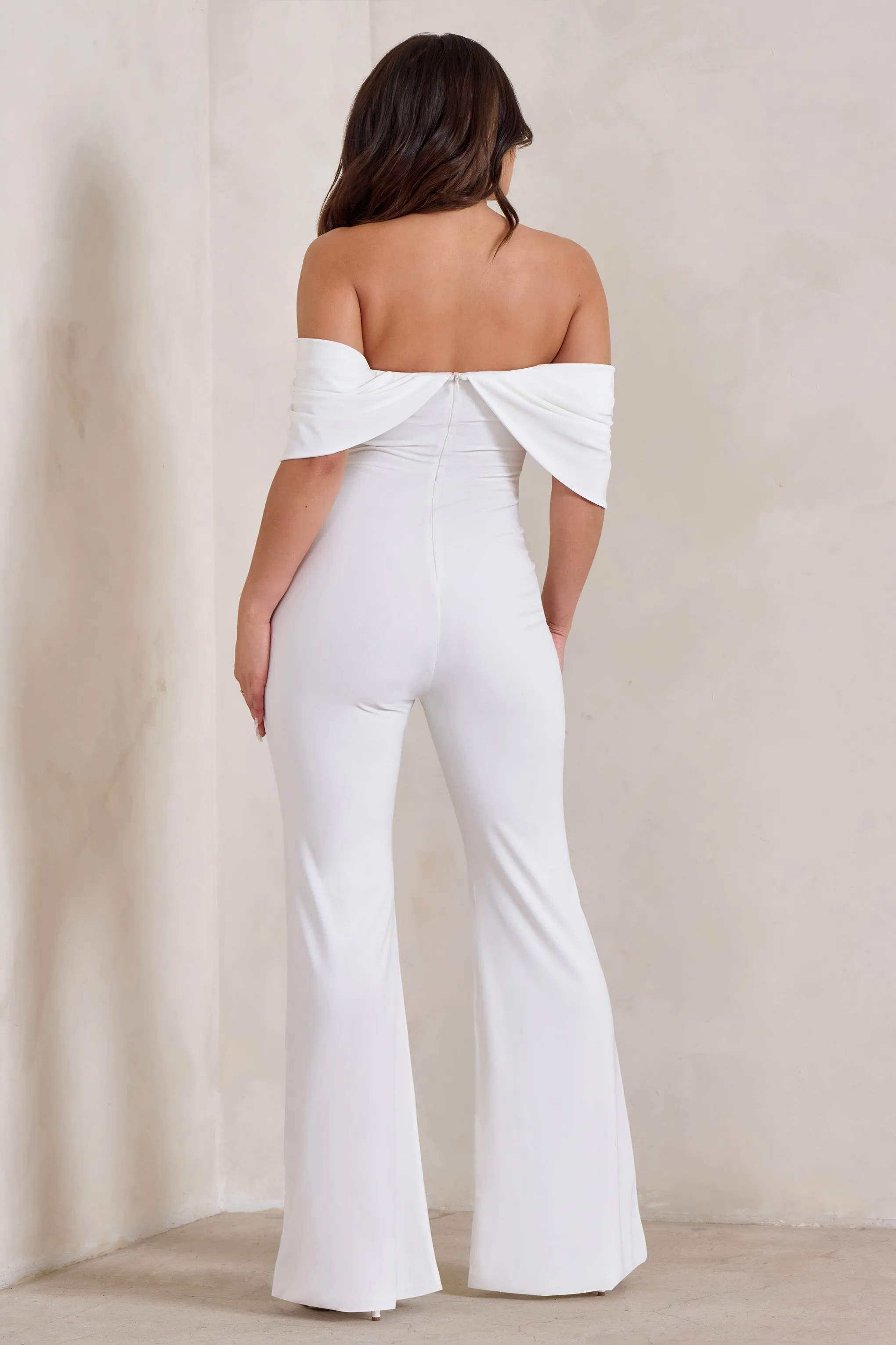 Bonnie - White Bardot Draped Sleeve Jumpsuit