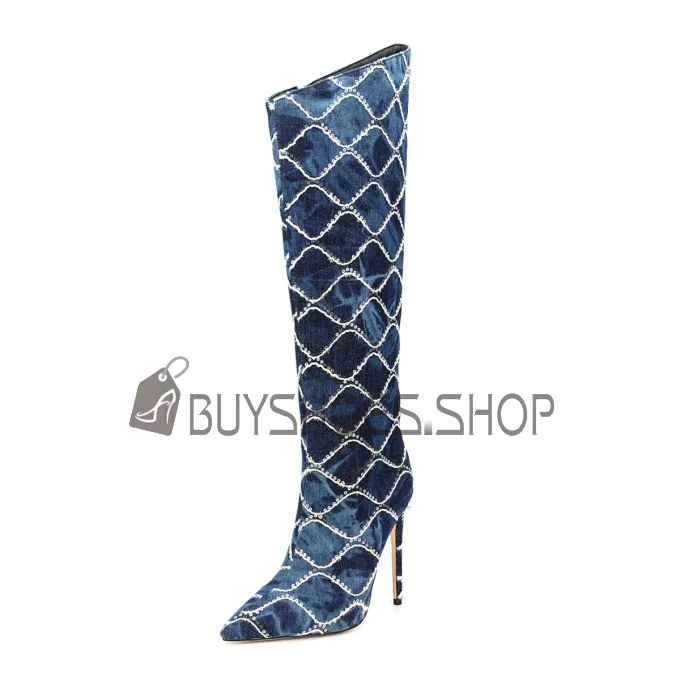 Bottes Hautes Bleu Marine Bottes Hauteur Genoux Fermeture Éclair Denim Talons Aiguilles Brillante Degrade De Couleur Paillette A