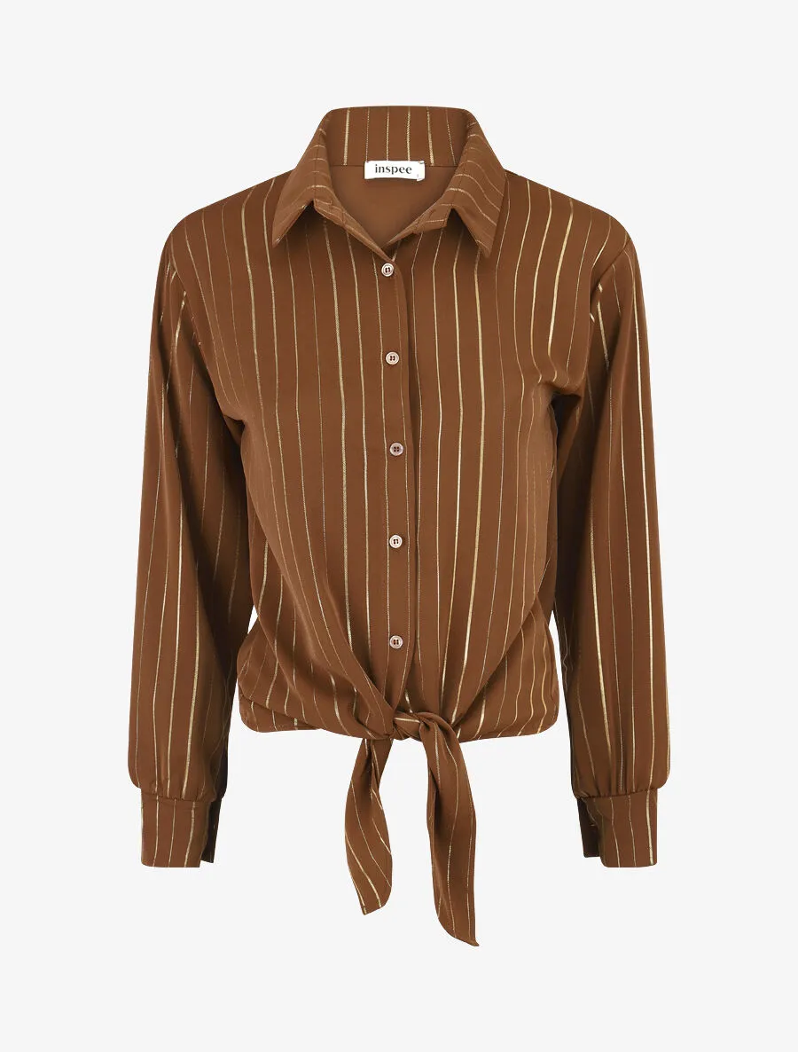 Brown Iridescent Striped Tie Blouse