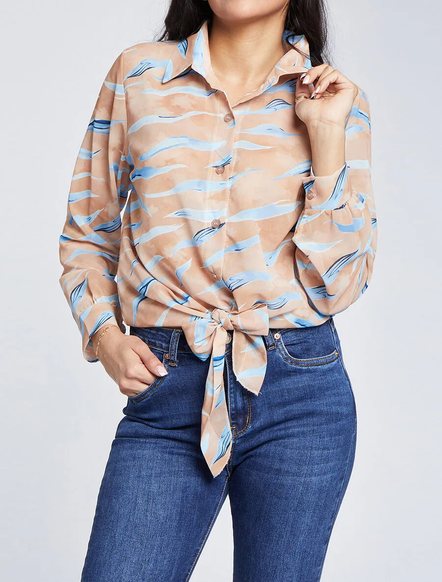 Camel Tiger Print Straight Tie Shirt