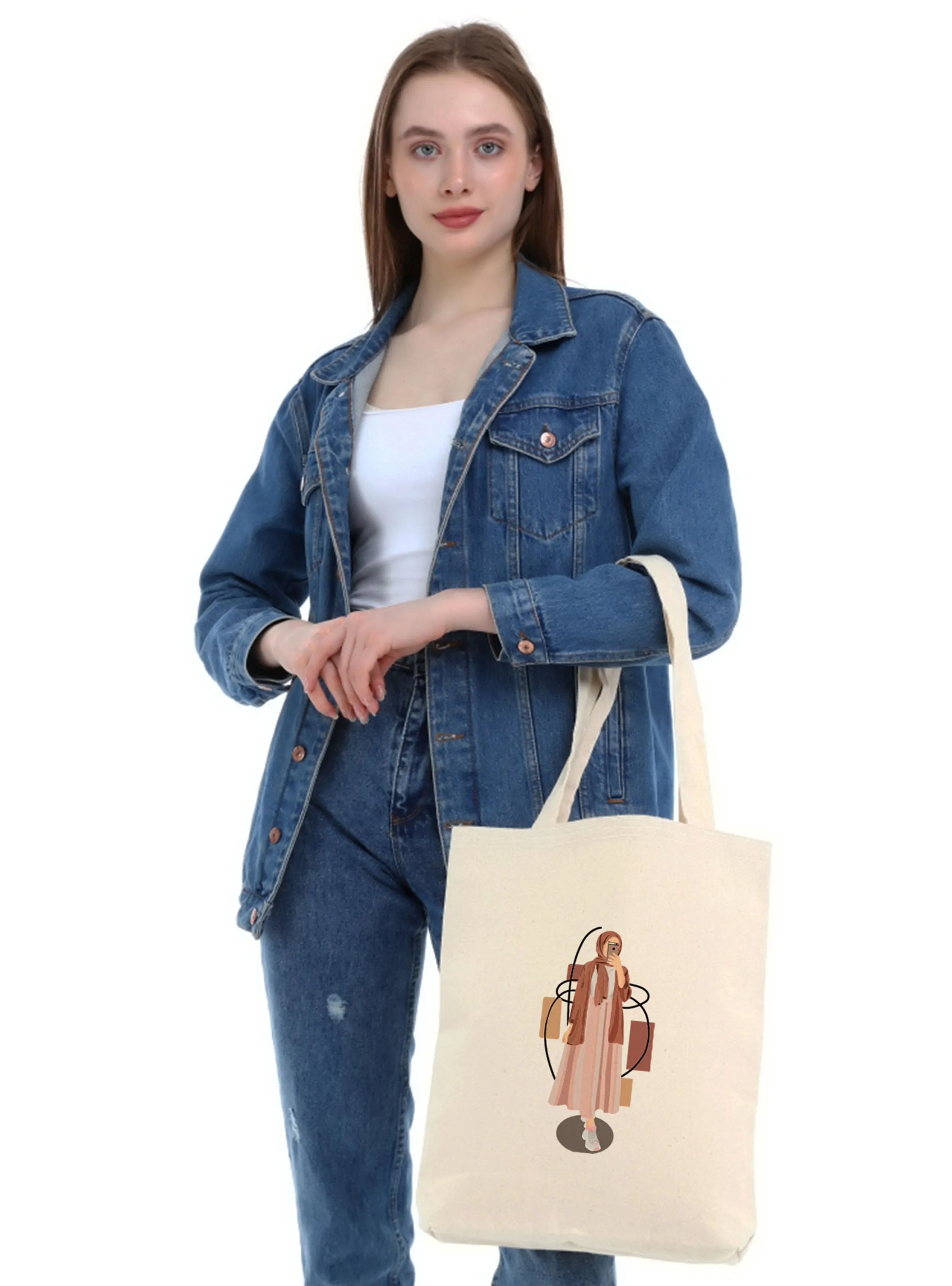 Canvas Fabric Hijab Photo Girl Tote Bag Cream-Beige