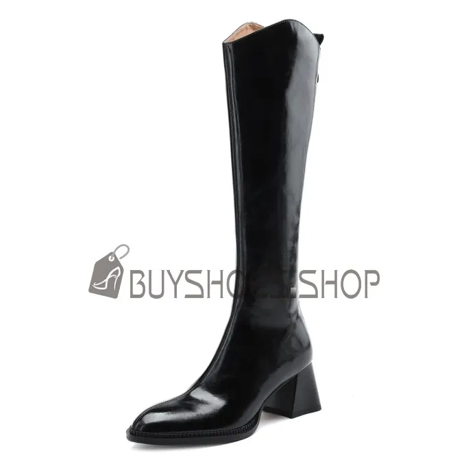 Confort Cuir Femme Talon Epais Bottes Haute Femme Habillé Knee Boots Fourrees Talon Carré Vintage