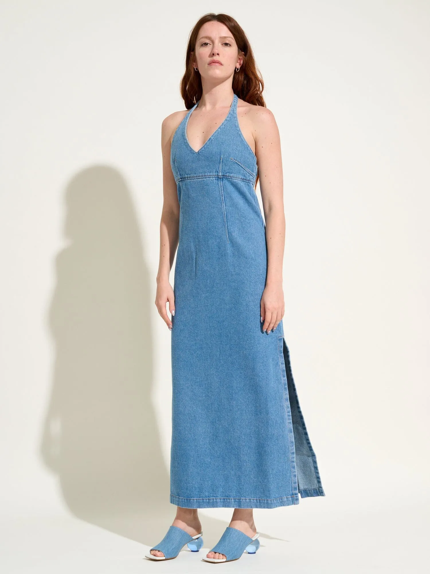 ELISABETH - Robe midi à nouer dos nu en denim délavé Oeko-Tex Bleu