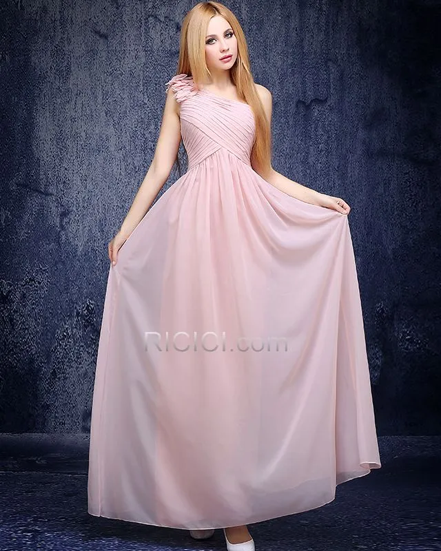 Empire Longue Une Épaule Rose Poudré Élégant Robe Demoiselle D'honneur Robe Pour Mariage Dos Nu Mousseline Simple 3D Fleur 