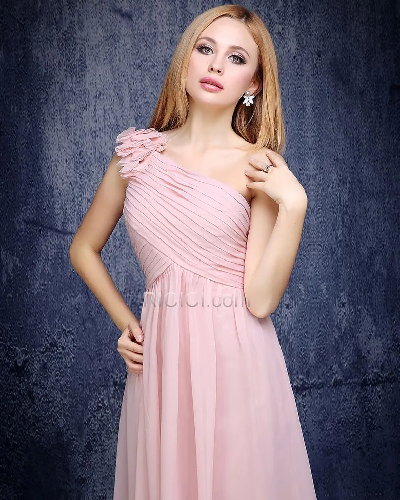 Empire Longue Une Épaule Rose Poudré Élégant Robe Demoiselle D'honneur Robe Pour Mariage Dos Nu Mousseline Simple 3D Fleur 
