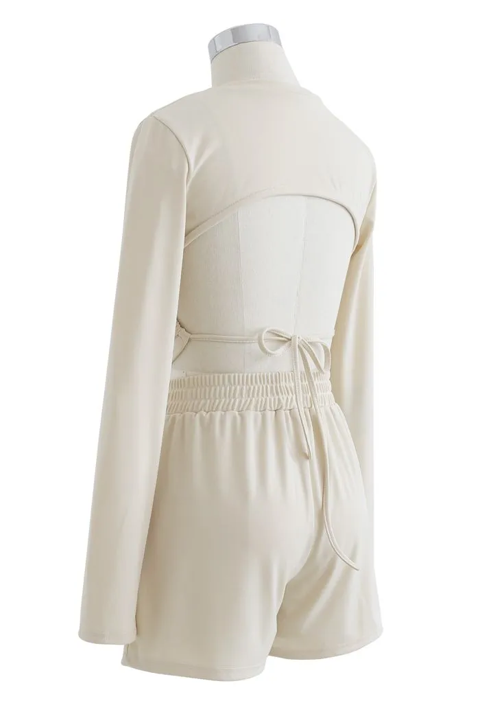 Cropped Top and Cut-out Shorts Set with Back Tie in Light Tan