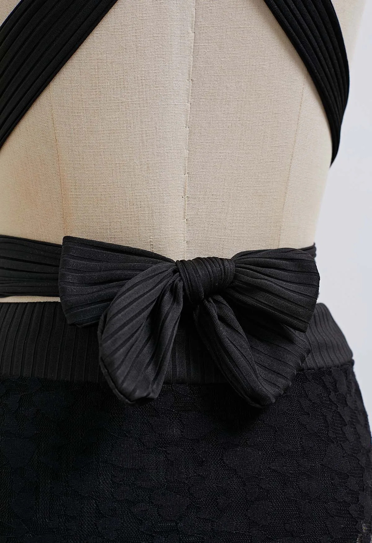 Black Striped Tie-Front Bikini Set with Mini Skirt