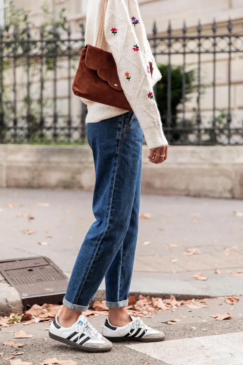 high-waisted raw blue mom fit jeans