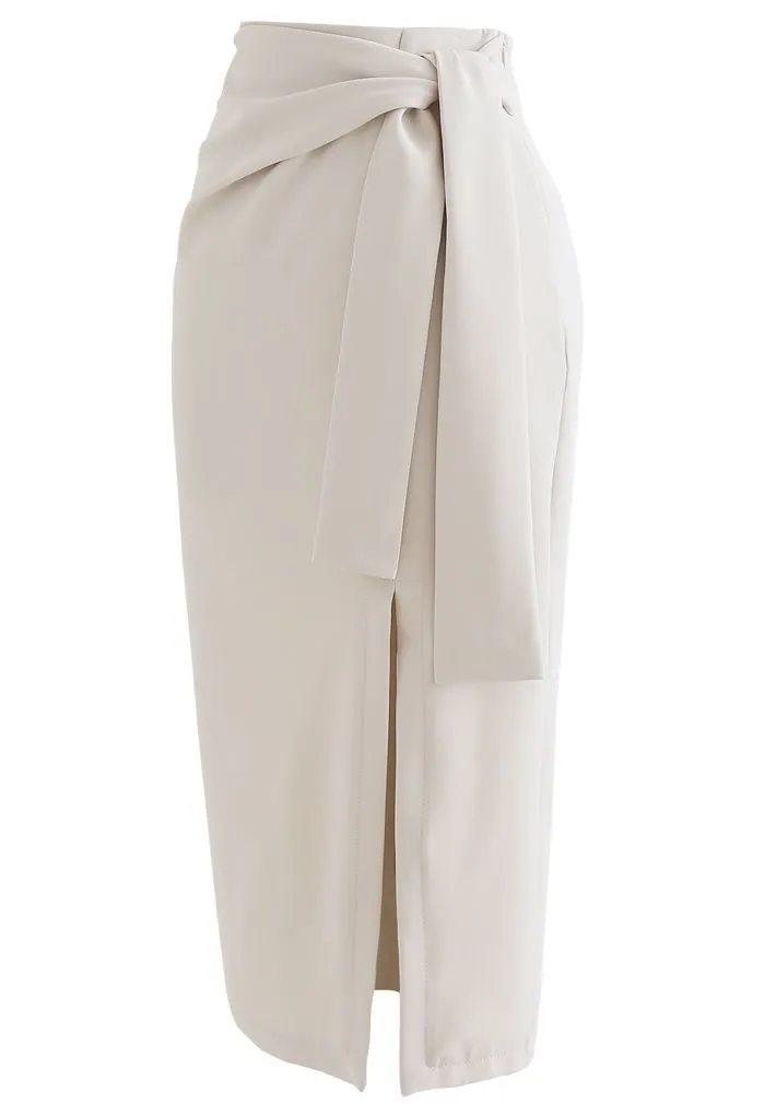Split-Waist Pencil Skirt with Front Tie in Cream