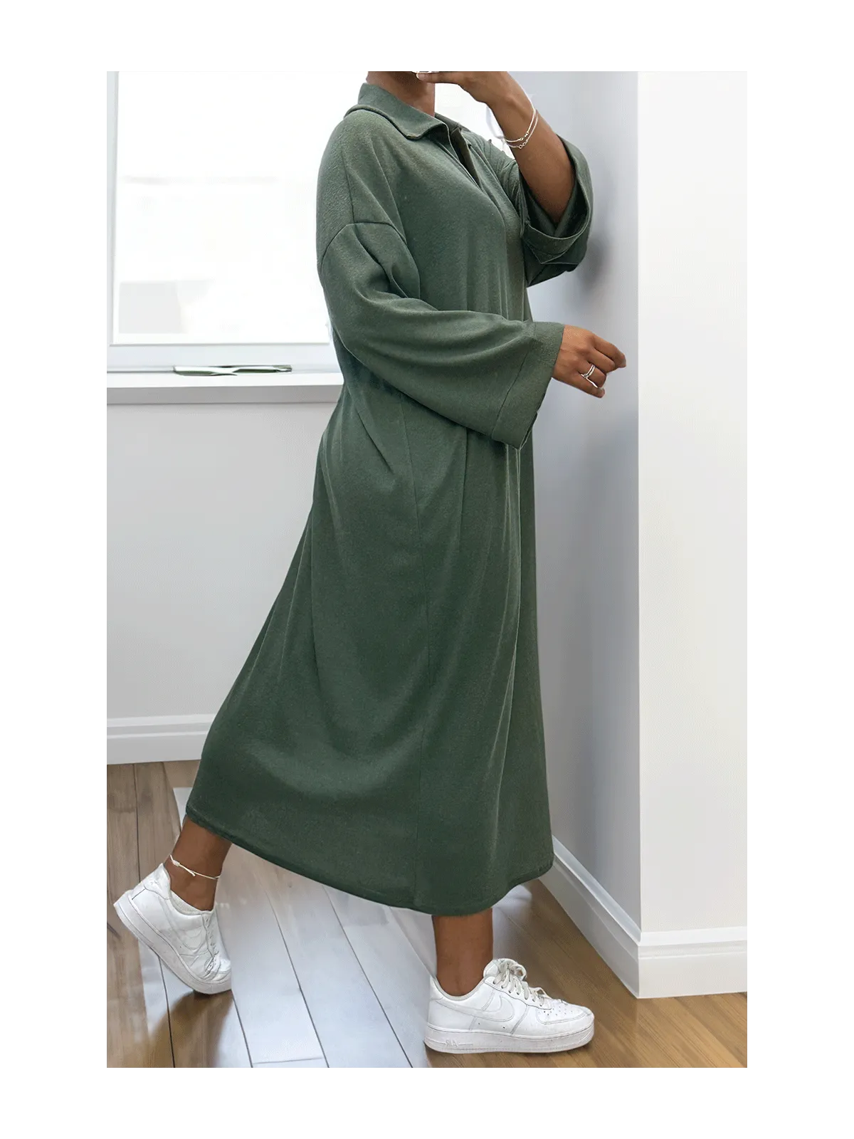 Khaki V-Neck Casual Dress