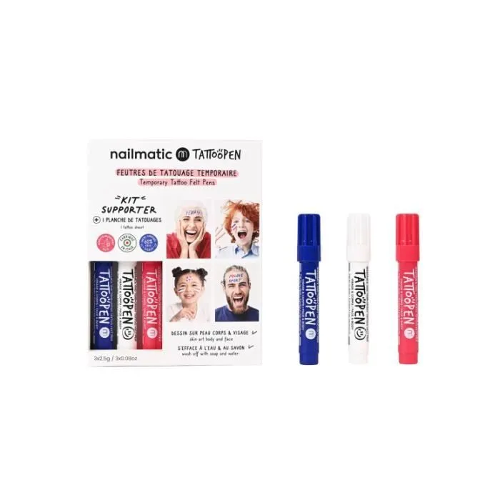 Nailmatic Kids - 141TSUPPORTER - Tattoopen Kit supporter - Maquillage Bleu blanc rouge