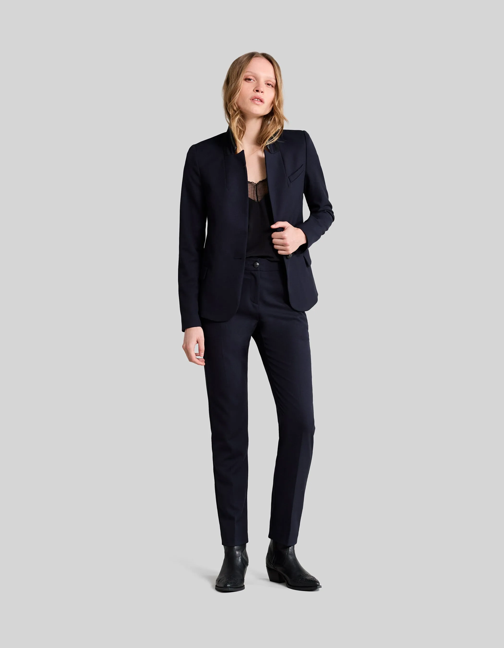 Navy Blue Women's Blazer with Unique Trim.