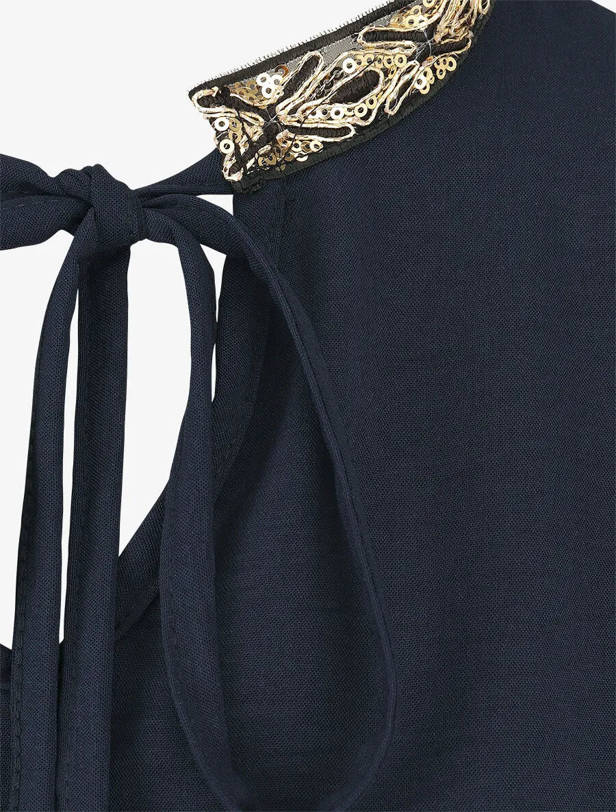 Navy Sequin Collar Tie Blouse