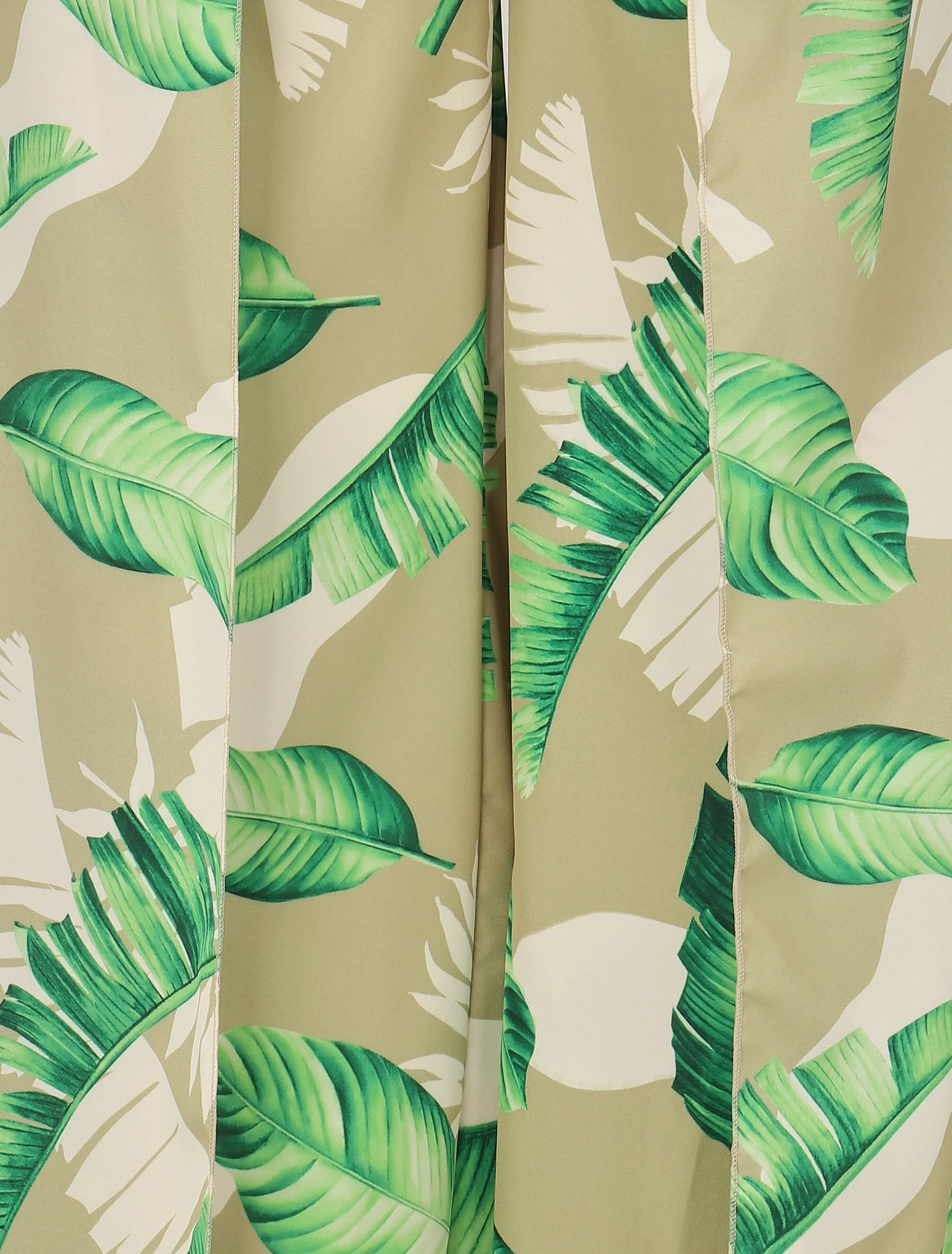 Green Leaf Print Tie-Waist Pants