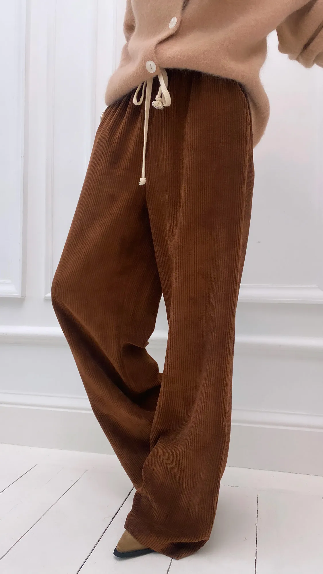 Pantalon marron large taille élastique velours côtelé