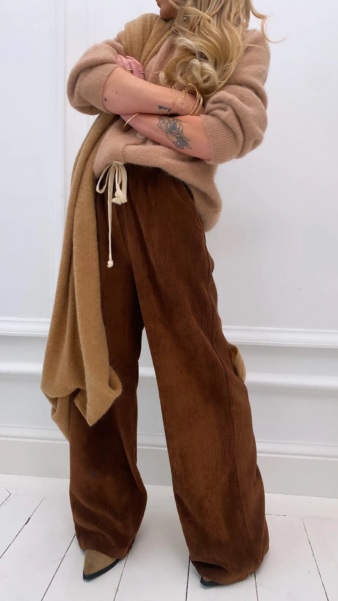 Pantalon marron large taille élastique velours côtelé