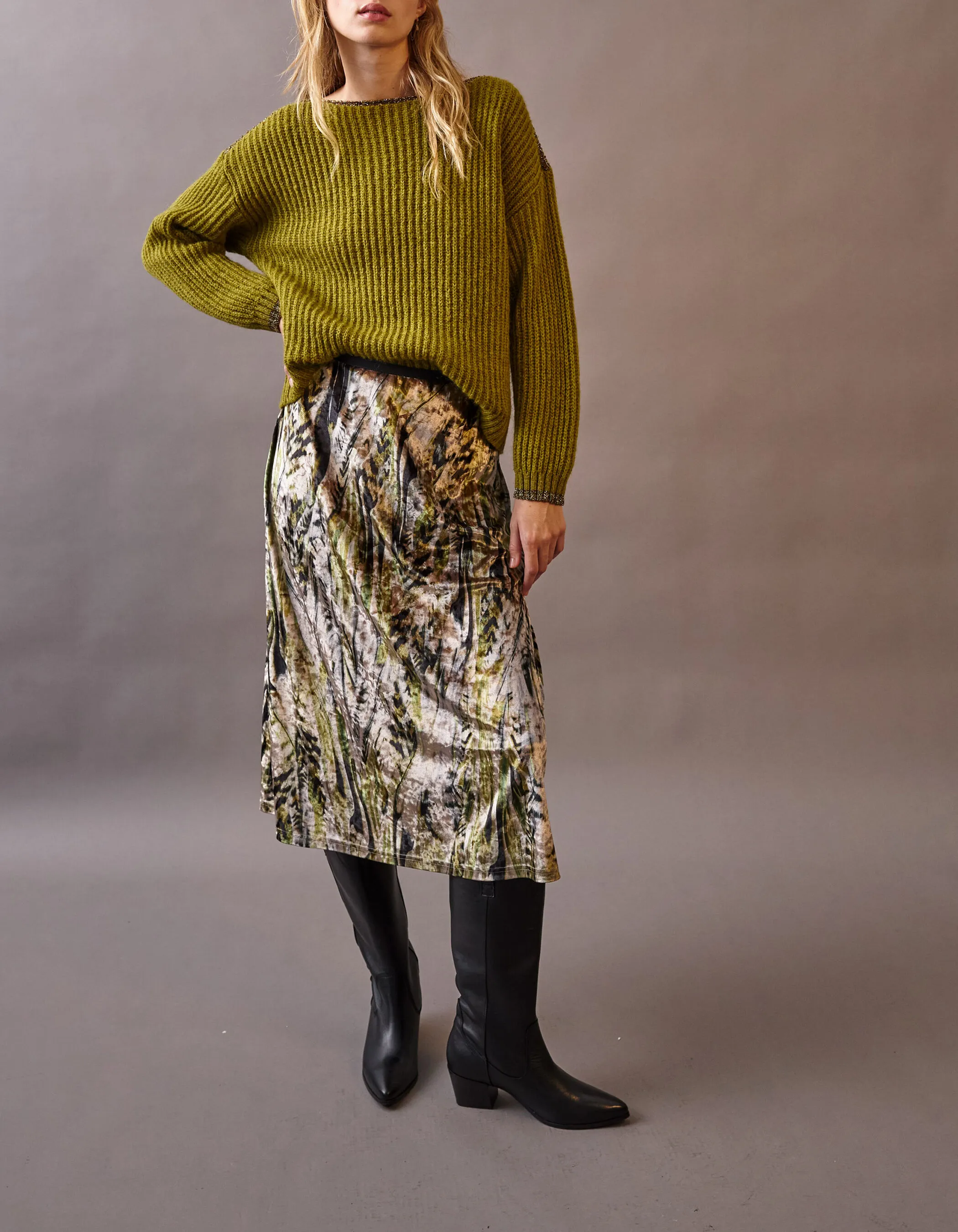 Pull absinthe tricot à côtes et détails lurex Femme