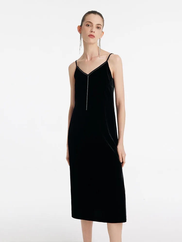 Robe mi-longue en velours pour femmes, mélange de soie, bretelles spag