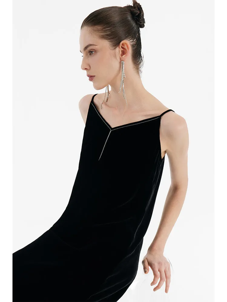 Robe mi-longue en velours pour femmes, mélange de soie, bretelles spag