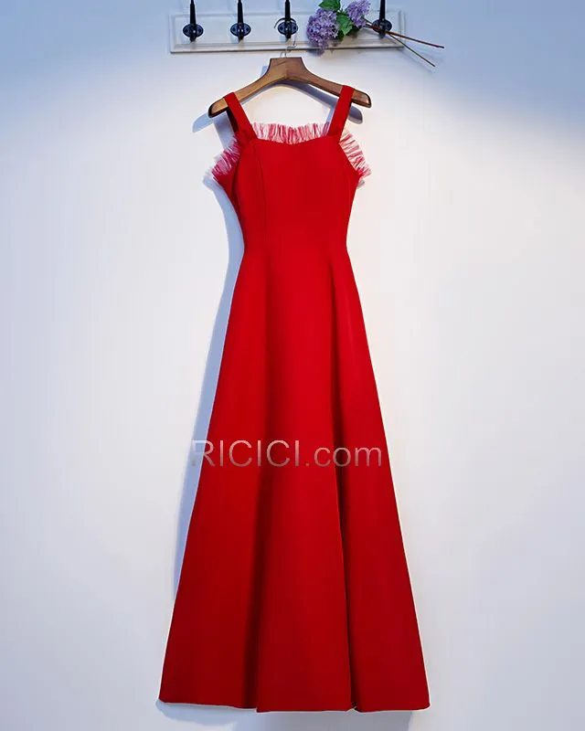 Robe Pour Mariage Longue Robe De Demoiselle D honneur Empire Col Carré Rouge Satin Bretelles Fines Dos Nu