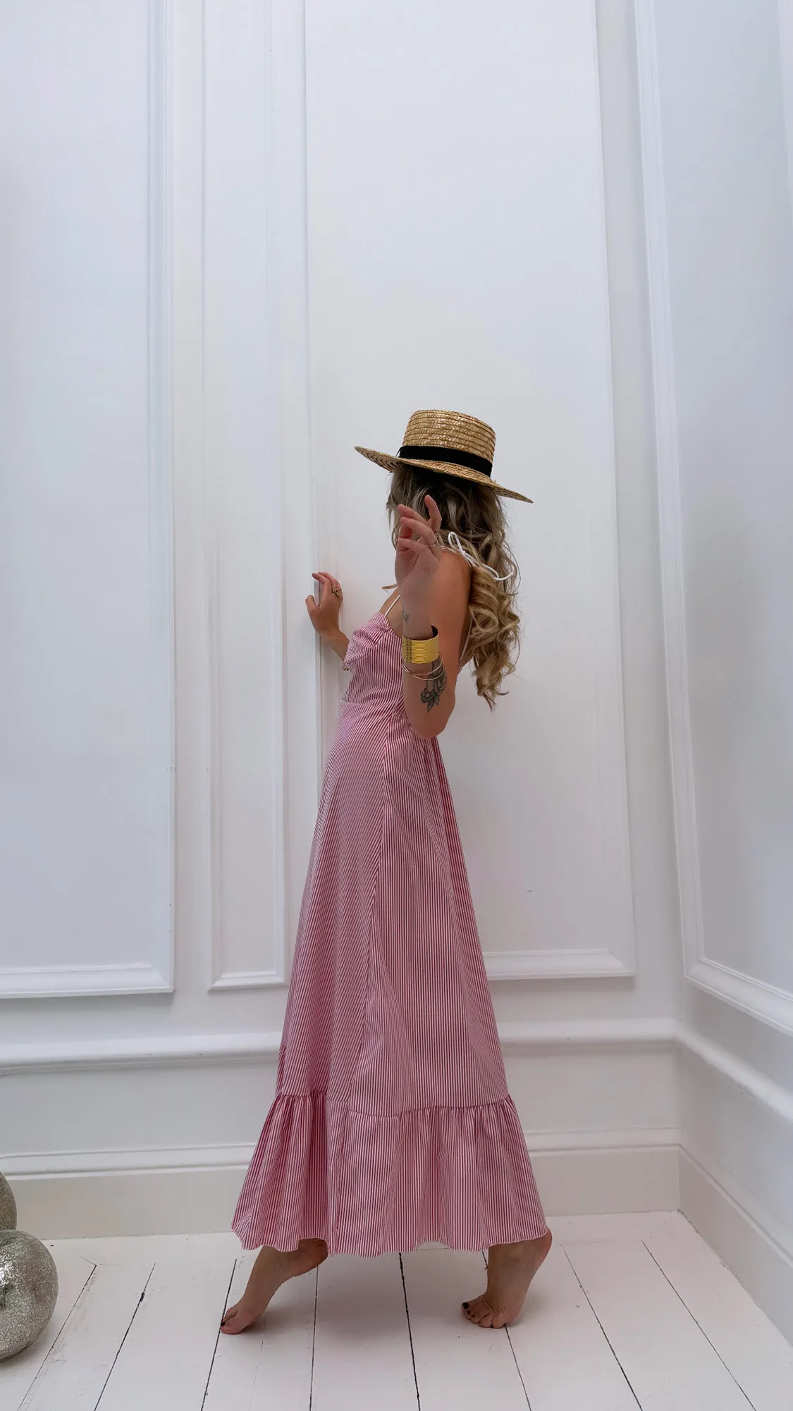 Robe rayée framboise bretelles à nouer