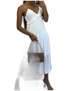 Robe écru plissée à decolleté V et fines bretelles à nouer