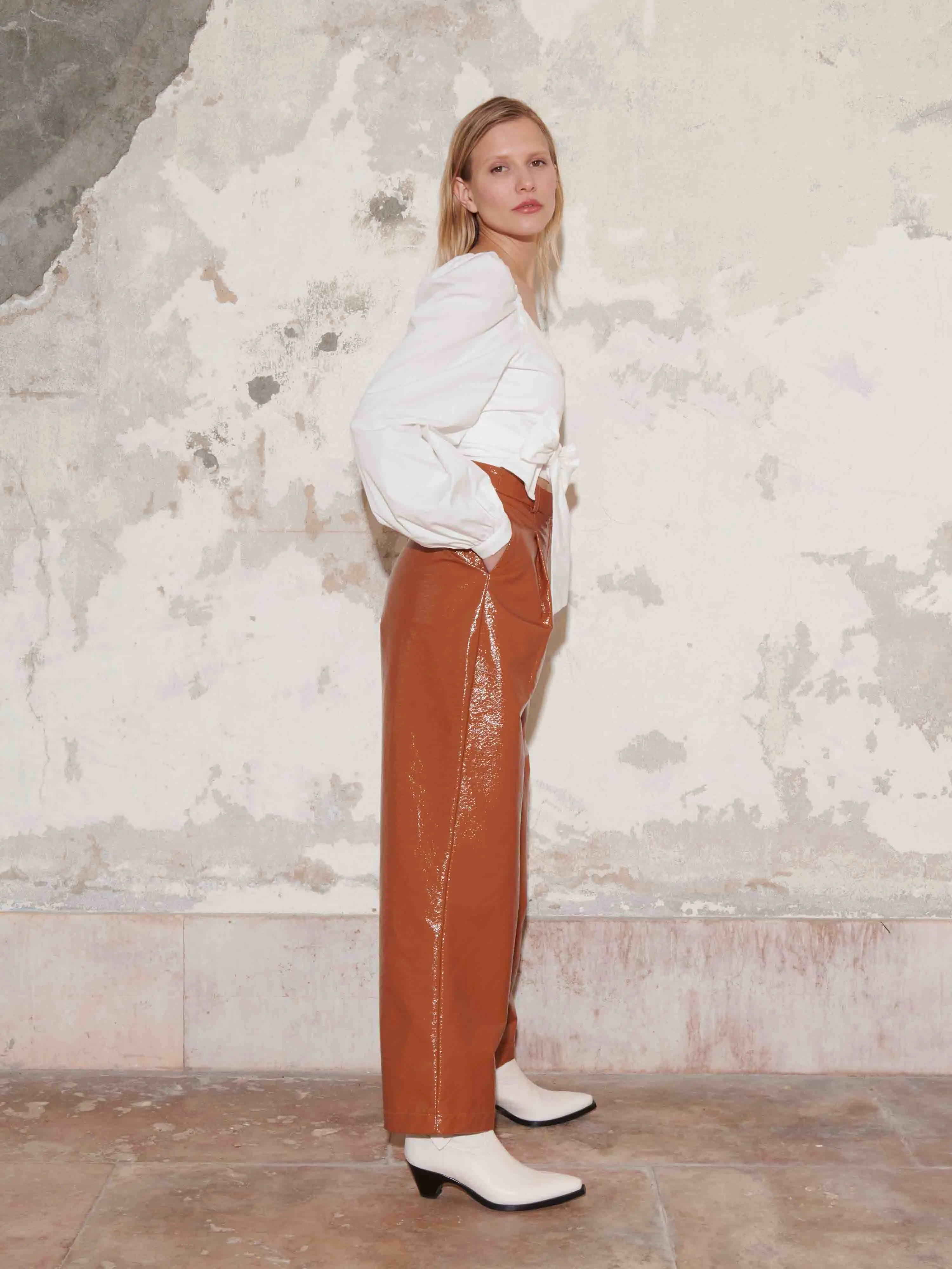 SPERONE - Blouse cropped cache-cur à nouer manches longues en coton Castiglia Blanc
