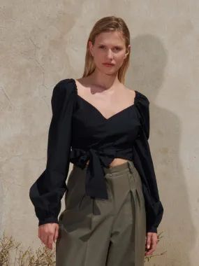 SPERONE - Blouse cropped cache-cur à nouer manches longues en coton Castiglia Noir