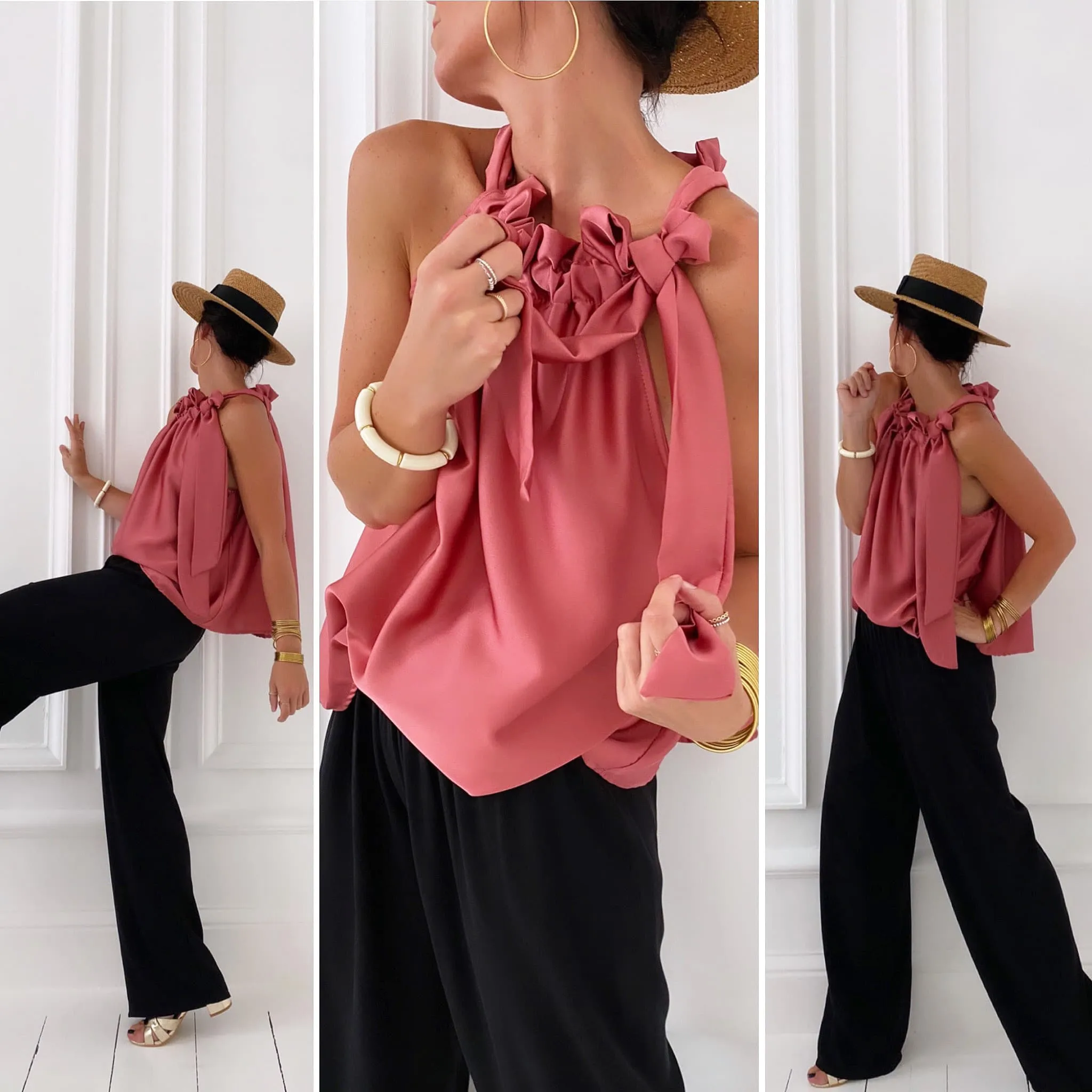 Top blush satiné à nouer