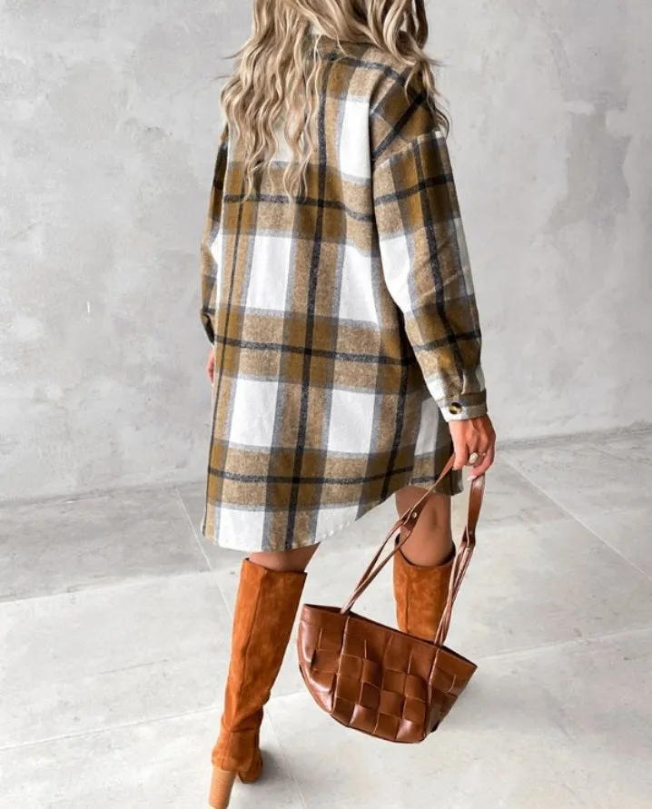 Veste  longue boutonnée à imprimé écossais et poche