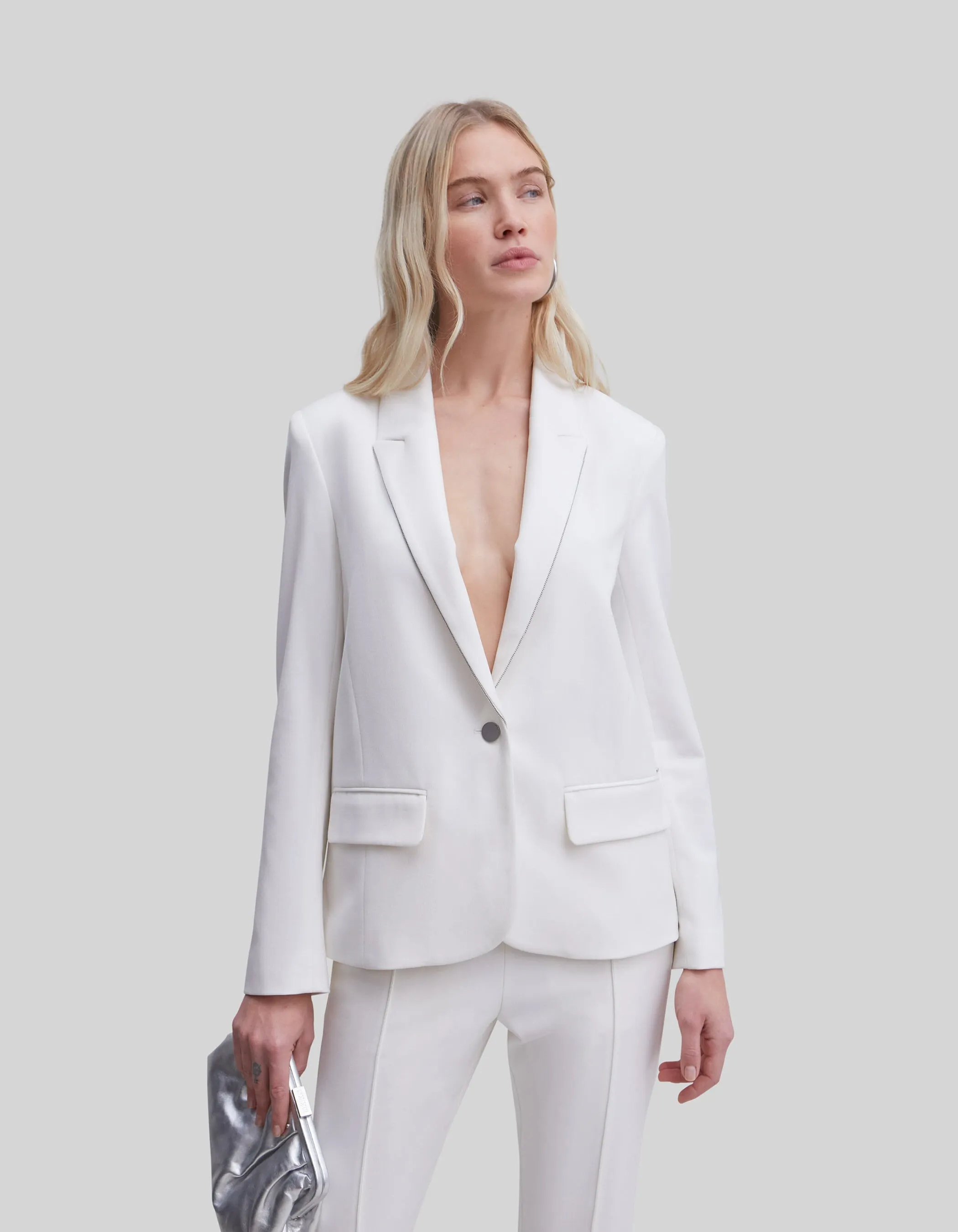 White Blazer Jacket with Microbead Embellishments Women